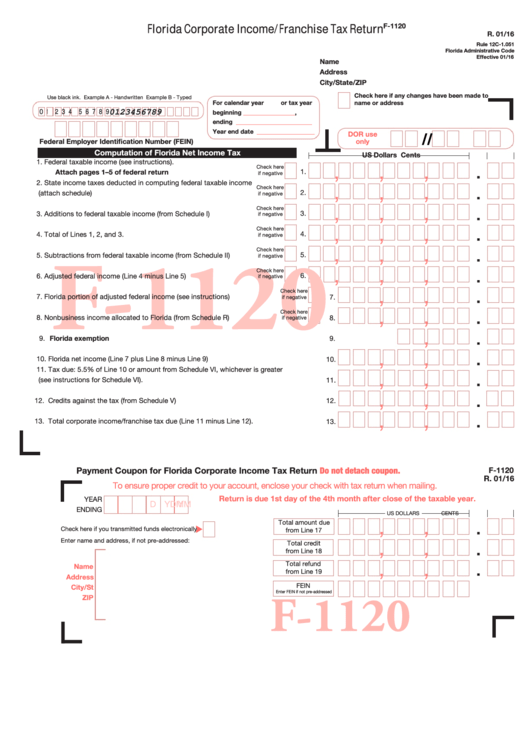 Fillable Form F-1120 - Florida Corporate Income/franchise Tax Return Printable pdf