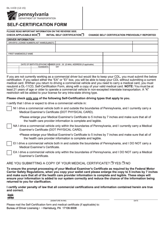 Fillable Form Dl-11cd - Self-Certification Form Printable pdf
