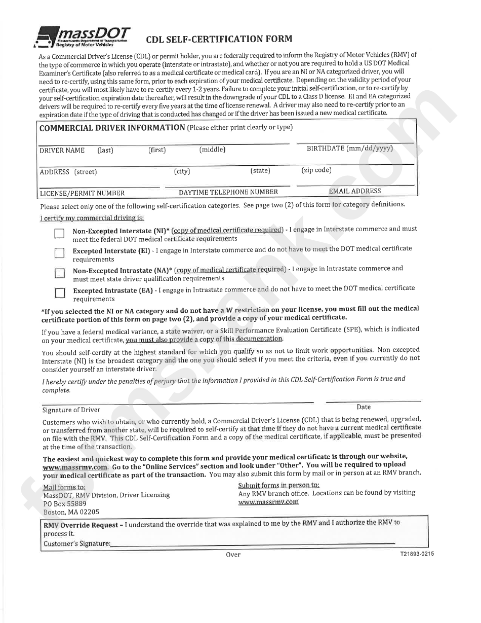 Cdl Self-Certification Form - Massachusetts Department Of Transportation