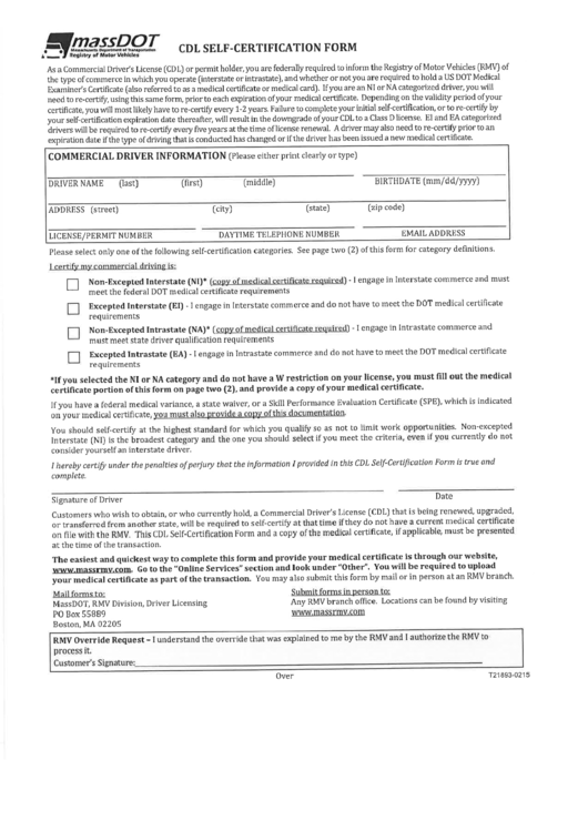 Cdl Self-Certification Form - Massachusetts Department Of Transportation Printable pdf