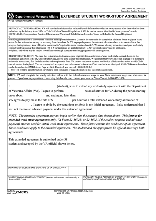 Fillable Va Form 22-8692a - Extended Student Work-Study Agreement Printable pdf