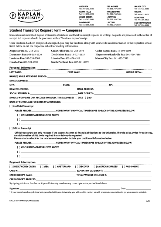 Fillable Student Transcript Request Form - Campuses - Kaplan University Printable pdf