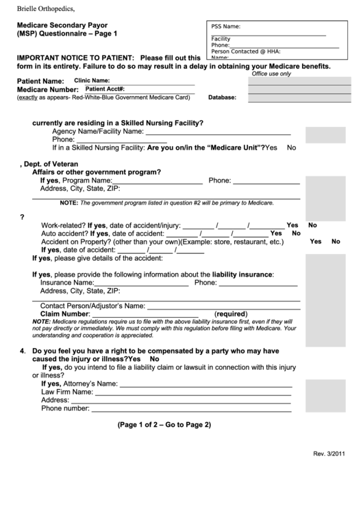 Medicare Secondary Payor (Msp) Questionnaire - 2011 Printable pdf