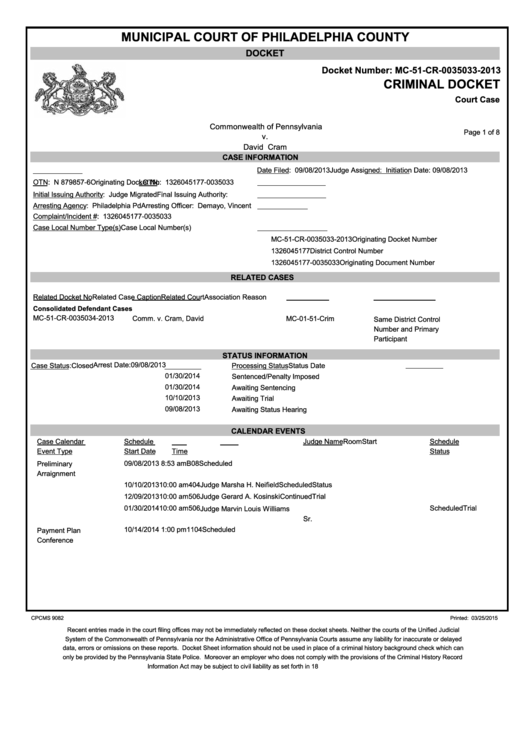 Information For Criminal Docket - Municipal Court Of Philadelphia County Printable pdf