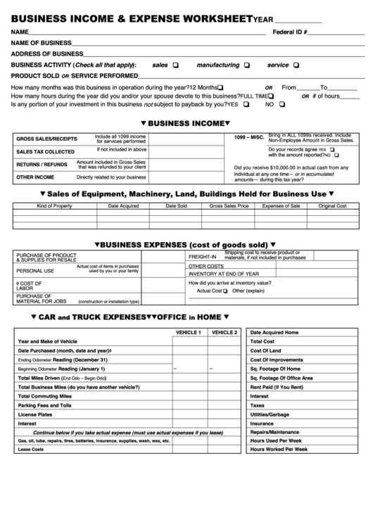 Business Income & Expense Worksheet Printable pdf