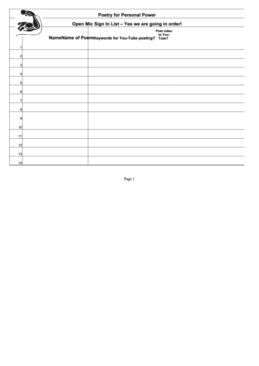 Open Mic Sign In List Printable pdf