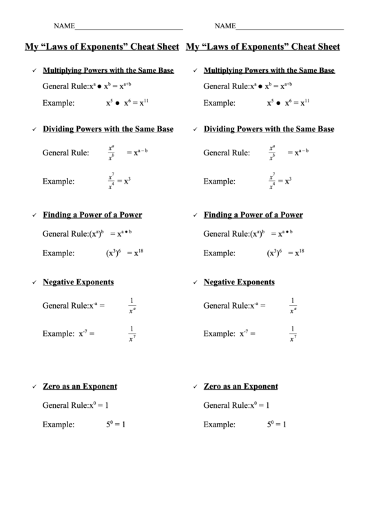 Laws Of Exponents Cheat Sheet Printable pdf