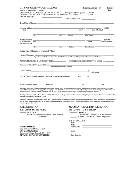 Occupational Privilege Tax Form - City Of Greenwood Village Printable pdf