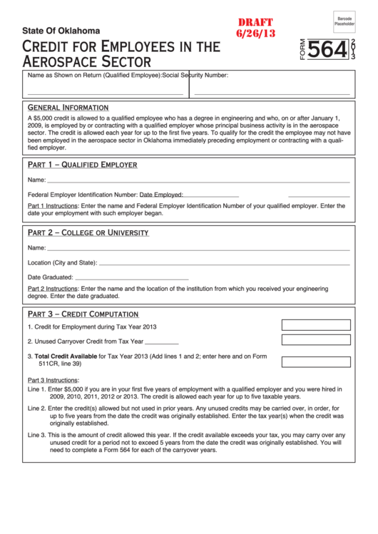 Form 564 Draft - Credit For Employees In The Aerospace Sector - 2013 Printable pdf