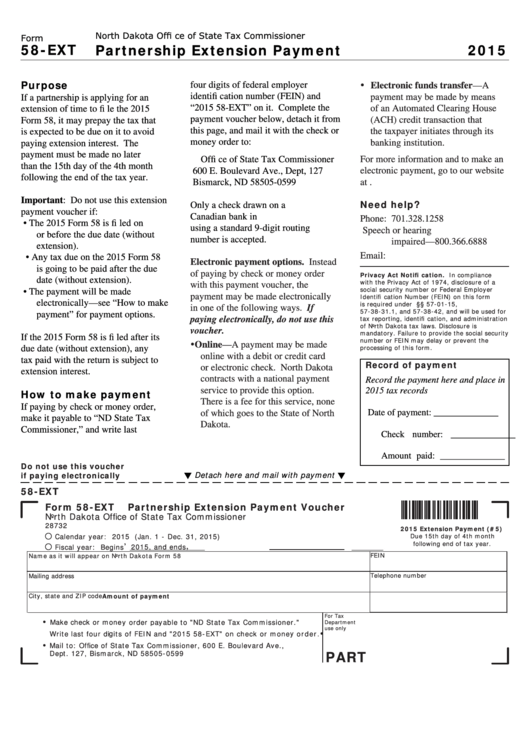 Fillable Form 58-Ext - Partnership Extension Payment Voucher - 2015 Printable pdf