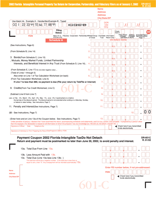Form Dr-601c - Florida Intangible Personal Property Tax Return For Corporation, Partnership, And Fiduciary Filers - 2002 Printable pdf