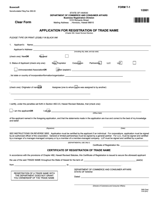 Fillable Form T-1 - Application For Registration Of Trade Name - 2001 Printable pdf