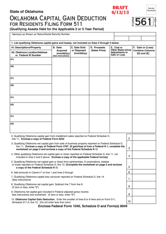 Form 561 Draft - Oklahoma Capital Gain Deduction For Residents - 2013 Printable pdf