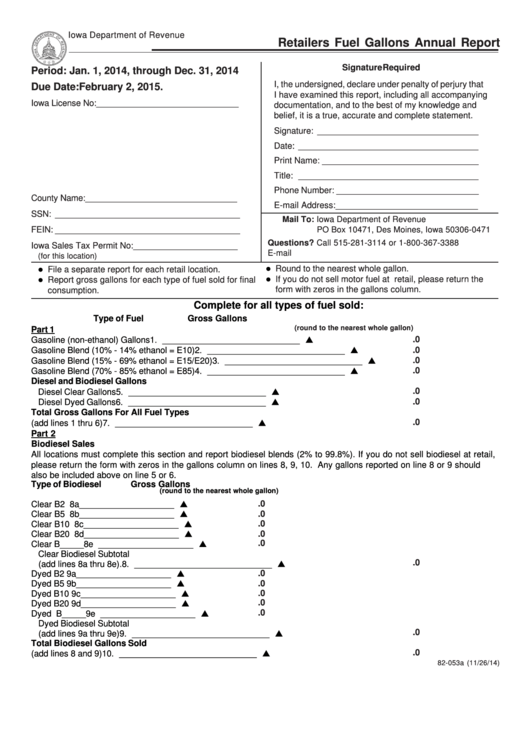 Form 82-053 - Retailers Fuel Gallons Annual Report - 2014 Printable pdf