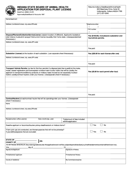 Fillable State Form 48563 - Application For Disposal Plant License - Indiana State Board Of Animal Health Printable pdf