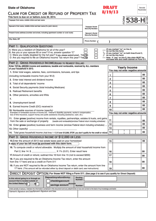 Form 538-H Draft - Claim For Credit Or Refund Of Property Tax - 2013 Printable pdf