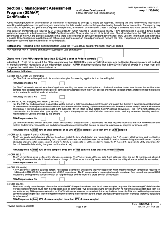 Fillable Form Hud-52648 - Section 8 Management Assessment Program (Semap) Certification - 2016 Printable pdf