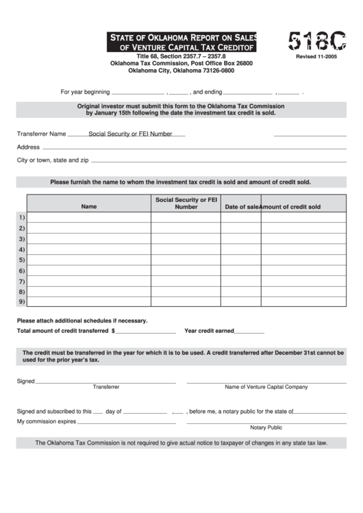 Form 518c - Report On Sale Of Venture Capital Tax Credit - State Of Oklahoma Printable pdf