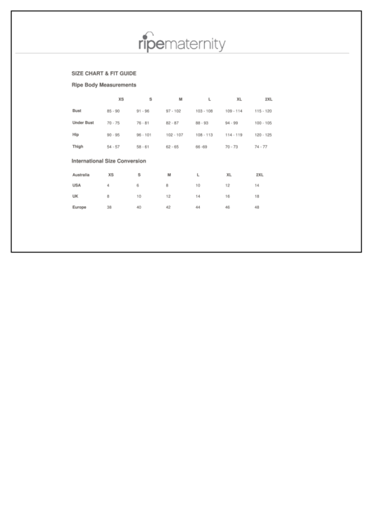 Ripematernity Size Chart Printable pdf