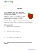 1st Grade Reading Comprehension Sheet - Apples