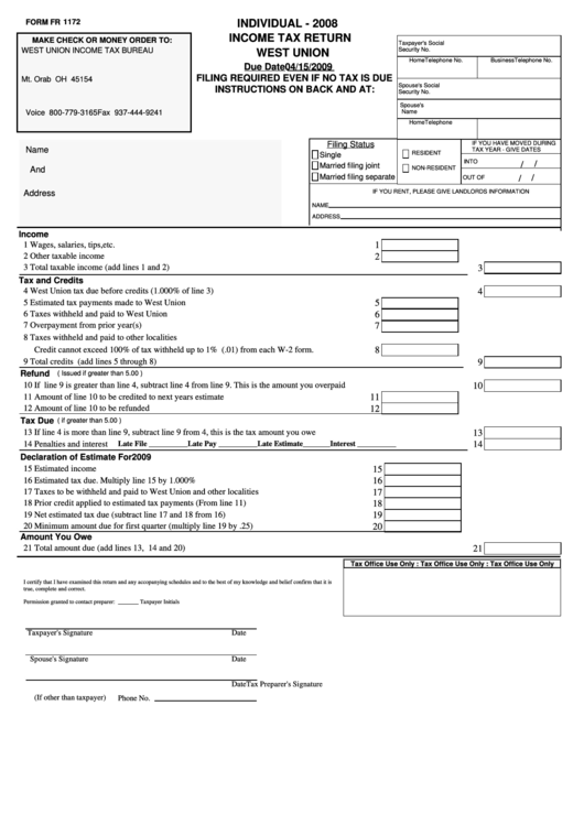 Form Fr 1172 - Individual Income Tax Return - West Union - 2008 Printable pdf