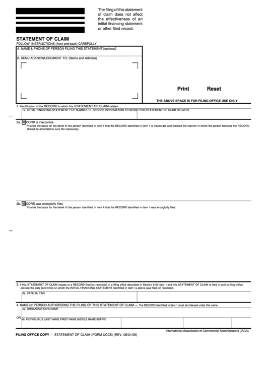 Form Ucc5 - Statement Of Claim With Instructions - 2009 Printable pdf