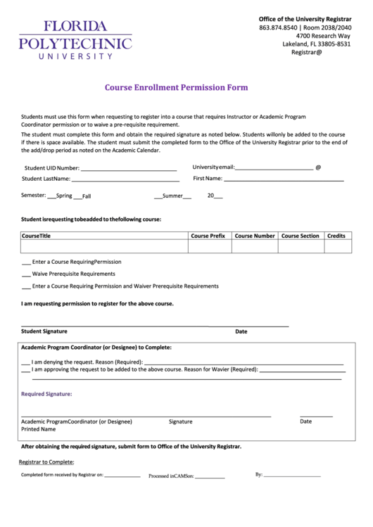 Course Enrollment Permission Form