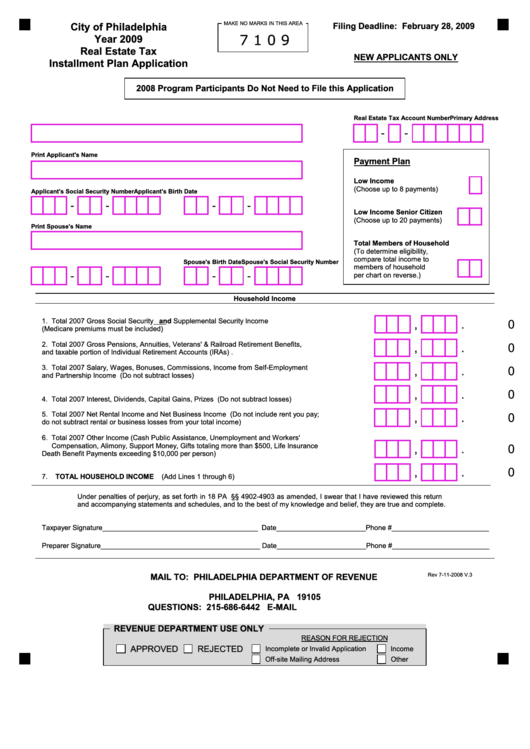 Real Estate Tax Installment Plan Application - City Of Philadelphia - 2009 Printable pdf