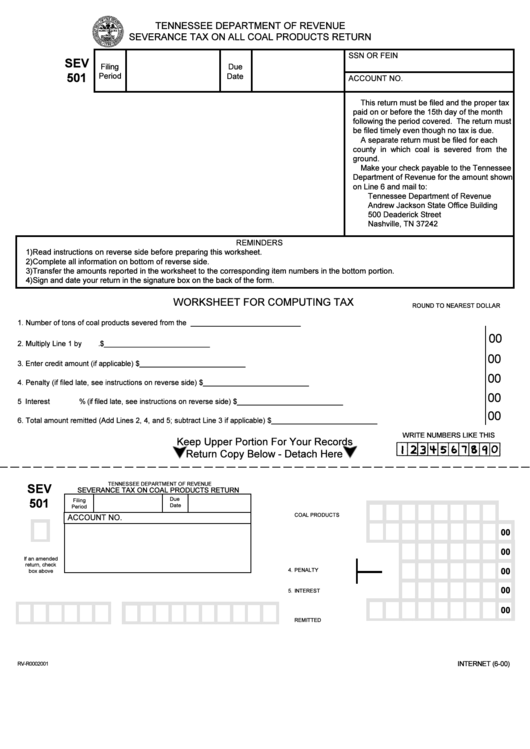 Form Sev 501 - Severance Tax On All Coal Products Return - 2000 Printable pdf