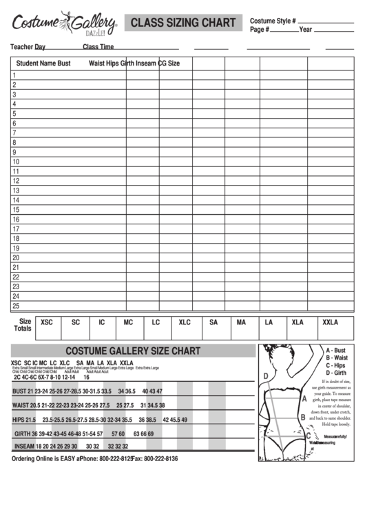 Costume Gallery Class Sizing Chart Printable pdf