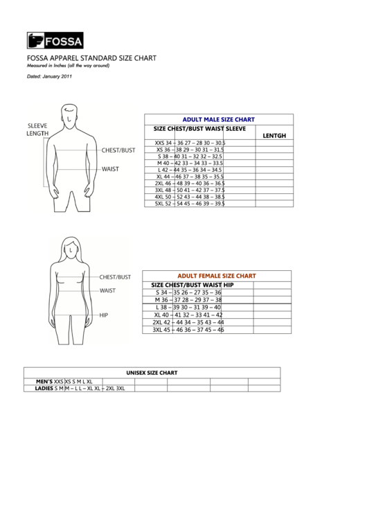 Fossa Apparel Standard Size Chart Printable pdf
