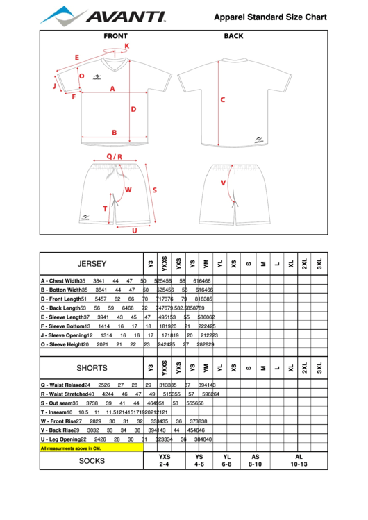 Avanti Apparel Standard Size Chart Printable pdf