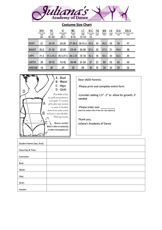 Juliana Academy Of Dance Costume Size Chart Printable pdf