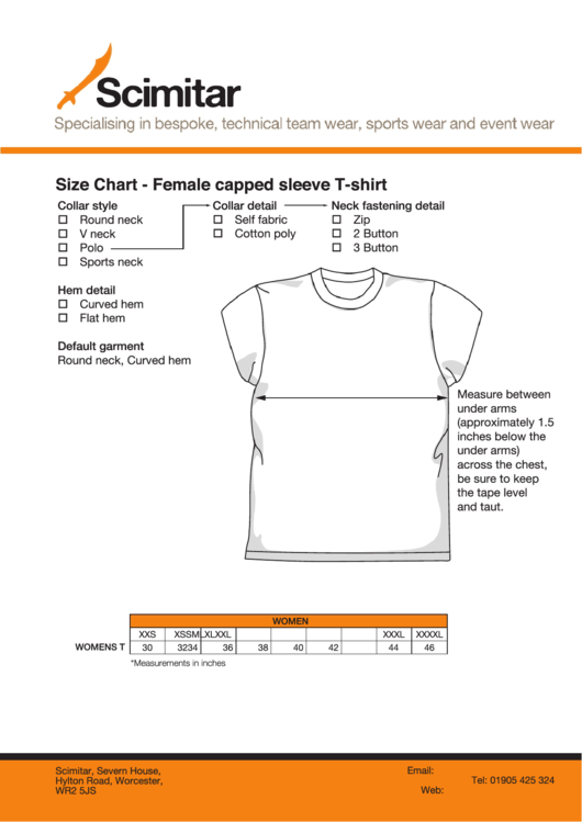 Scimitar Female Capped Sleeve T-Shirt Size Chart Printable pdf