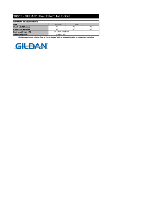 Gildan Ultra Cotton Tall T-Shirt Size Chart Printable pdf