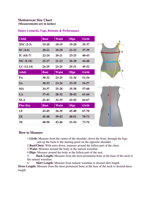 Motionwear Size Chart Printable pdf