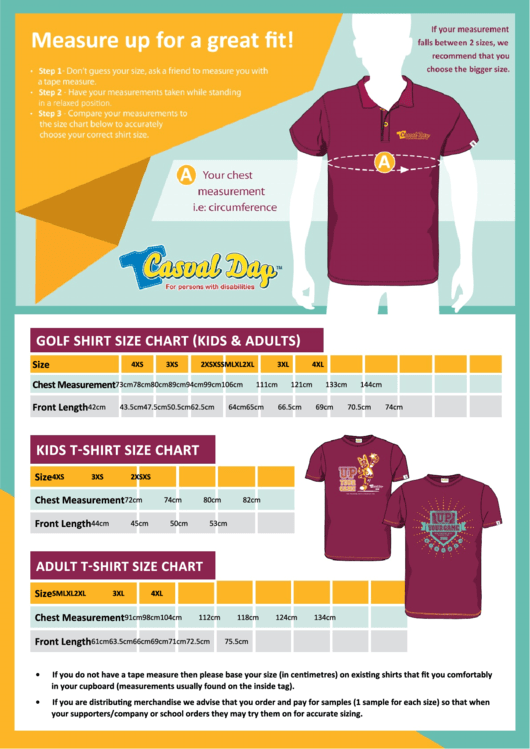 Casual Day Shirt Size Chart Printable pdf