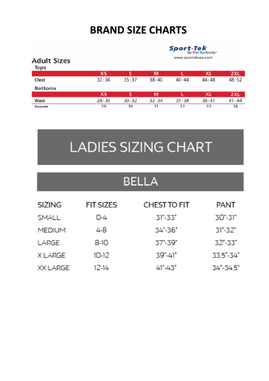 Sport-Tek Brand Size Charts Printable pdf