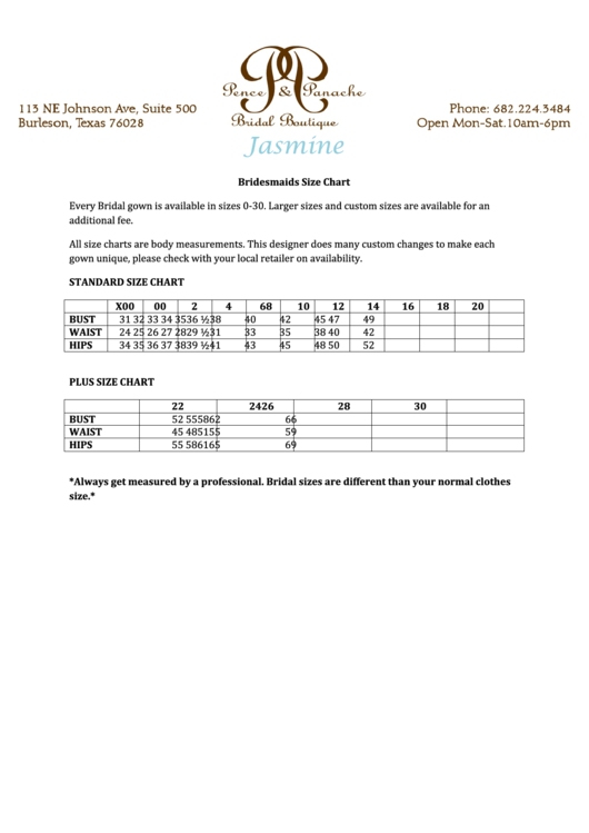 Jasmine Bridesmaids Size Chart Printable pdf