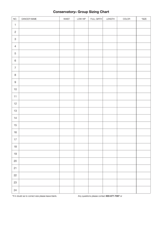 Conservatory Group Sizing Chart Printable pdf