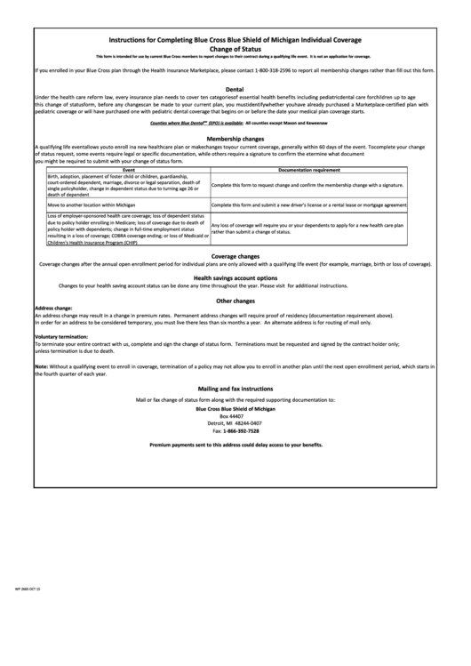 Instructions For Completing Blue Cross Blue Shield Of Michigan Individual Coverage Change Of Status Printable pdf