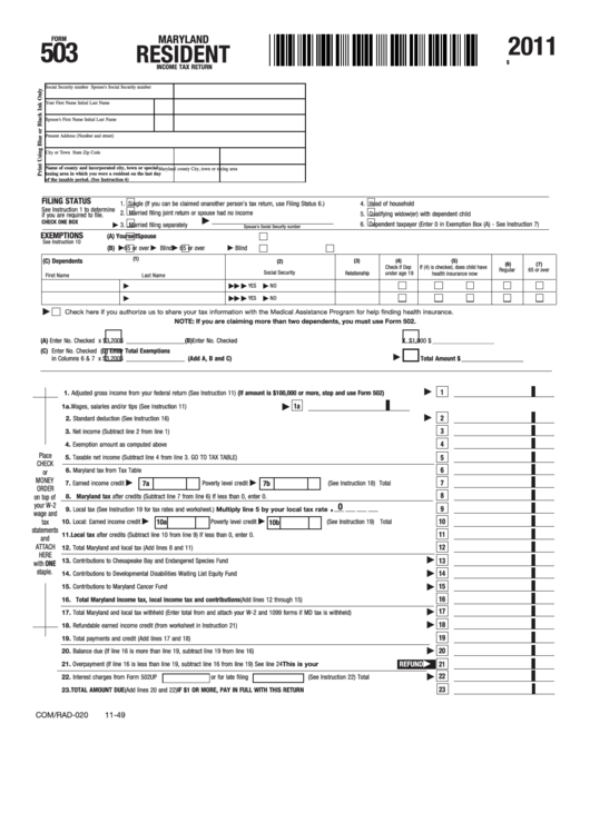 Fillable Form 503 - Maryland Resident Income Tax Return - 2011 Printable pdf