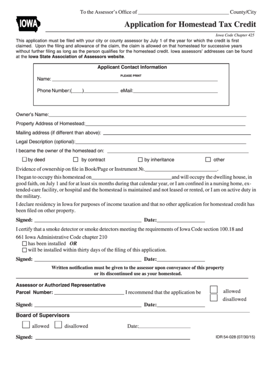 Form Idr 54-028 - Application For Homestead Tax Credit Printable pdf