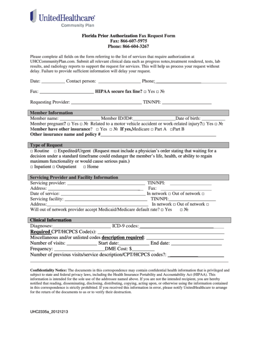 Fillable Florida Prior Authorization Fax Request Form - United Healthcare Printable pdf