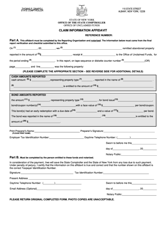 Claim Information Affidavit - New York State Comptroller Printable pdf