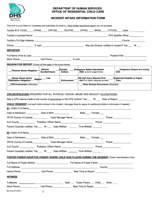Fillable Incident Intake Information Form - Georgia Department Of Human Services Printable pdf