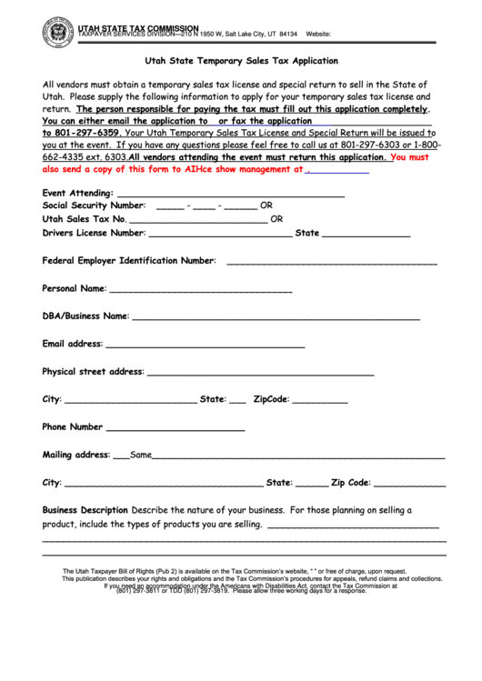 Utah State Temporary Sales Tax Application - Tax Commission Printable pdf