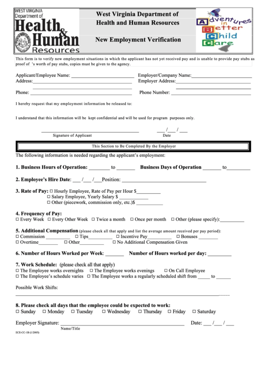 Form Ece-Cc-1b - New Employment Verification - West Virginia Department Of Health And Human Resources Printable pdf
