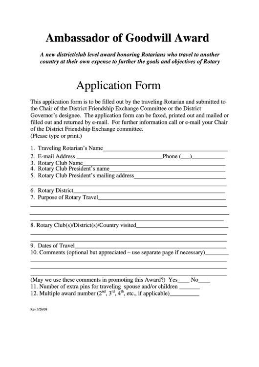 Application Form - Ambassador Of Goodwill Award Printable pdf
