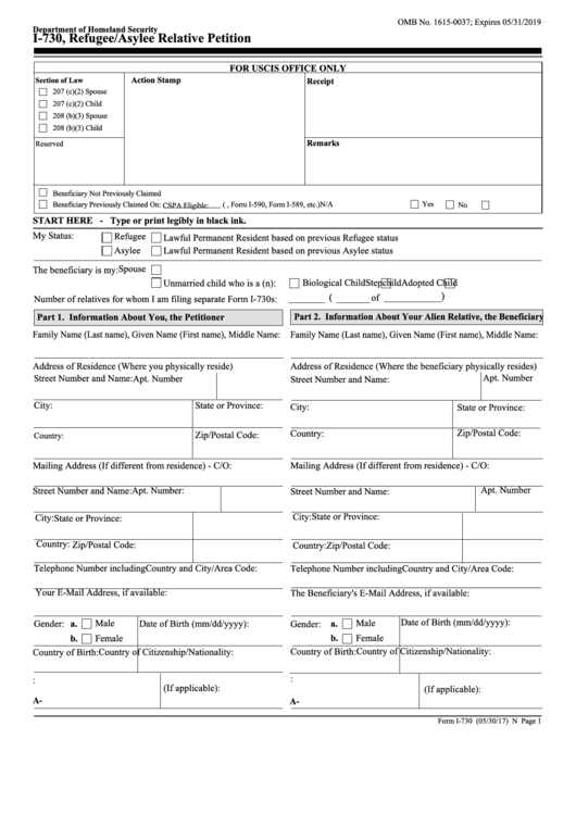 Fillable Form I-730 - Refugee/asylee Relative Petition - Department Of Homeland Security Printable pdf